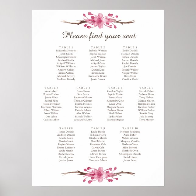 Pink cherry blossom. Wedding Seating Chart Poster (Front)