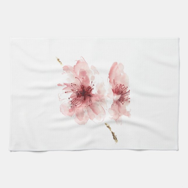 Pink cherry blossom white kitchen towel sakura (Horizontal)