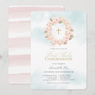 Pink Cherry Blossom Wreath First Holy Communion Invitation