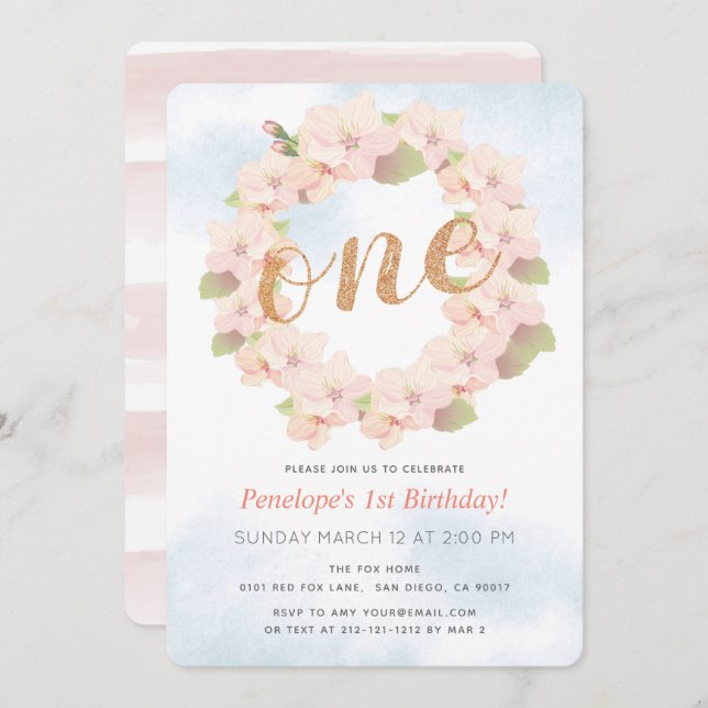 Pink Cherry Blossom Wreath Girl 1st Birthday Invitation (Front/Back)