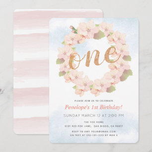 Pink Cherry Blossom Wreath Girl 1st Birthday Invitation
