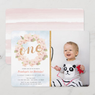 Pink Cherry Blossom Wreath Girl 1st Photo Birthday Invitation