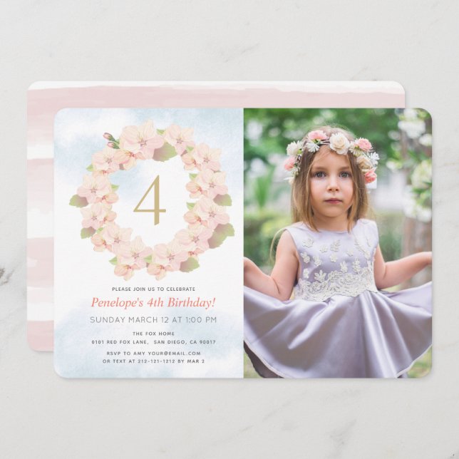 Pink Cherry Blossom Wreath Girl Photo Birthday Invitation (Front/Back)