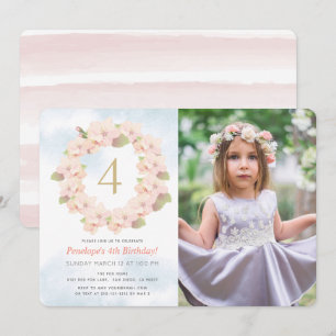 Pink Cherry Blossom Wreath Girl Photo Birthday Invitation