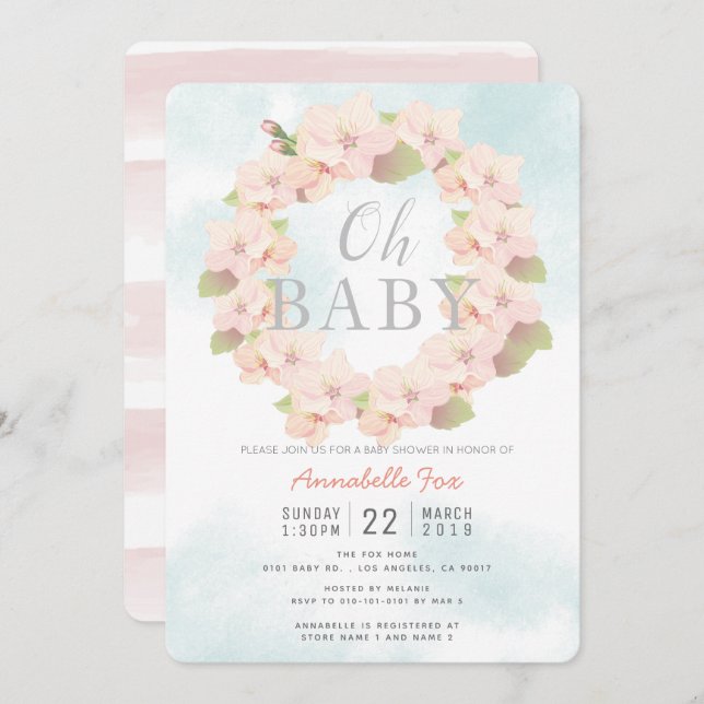 Pink Cherry Blossom Wreath Oh Baby Shower Invitation (Front/Back)