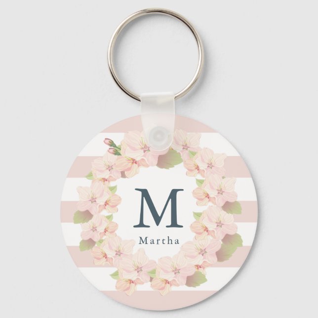 Pink Cherry Blossom Wreath Stripe Monogram Key Ring (Front)