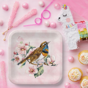Pink Cherry Blossoms and Bird Paper P Paper Plate