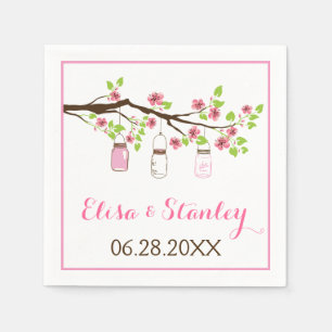 Pink cherry blossoms and mason jars wedding napkin