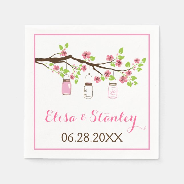 Pink cherry blossoms and mason jars wedding napkin (Front)