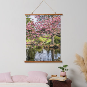 Pink Cherry Blossoms and Pond Photographic Hanging Tapestry