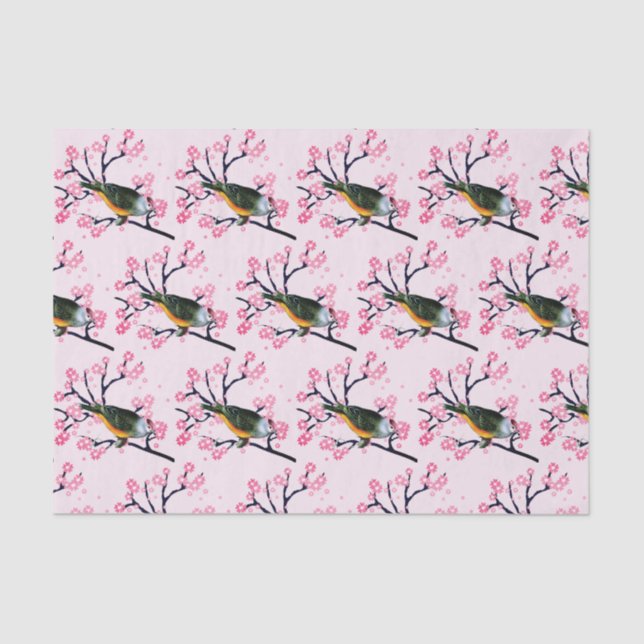 Pink Cherry Blossoms and Songbird Decoupage Tissue Paper (Front)
