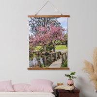 Pink Cherry Blossoms and Wooden Footbridge