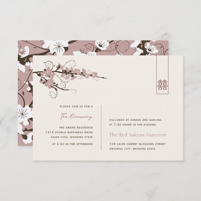 Pink Cherry Blossoms Asian Wedding Reception Invitation (Front/Back)