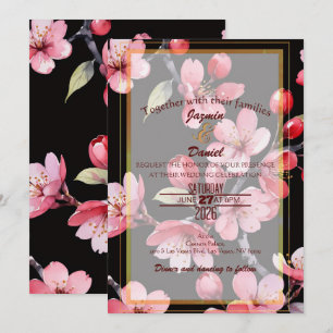 Pink Cherry Blossoms Black Backgroud  Invitation