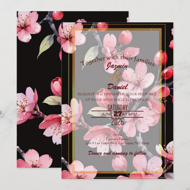 Pink Cherry Blossoms Black Backgroud  Invitation (Front/Back)