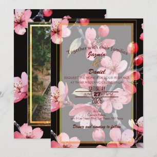 Pink Cherry Blossoms Black Photo Box Invitation
