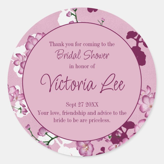 Pink Cherry Blossoms Bridal Shower Classic Round Sticker (Front)