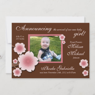 Pink Cherry Blossoms & Brown Birth Announcements