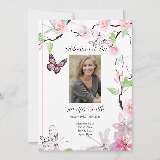 Pink Cherry Blossoms & Butterfly Funeral Invite (Front)