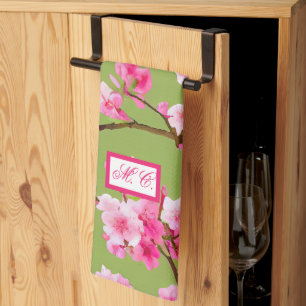 Pink Cherry Blossoms Chartreuse Green Monogrammed Tea Towel
