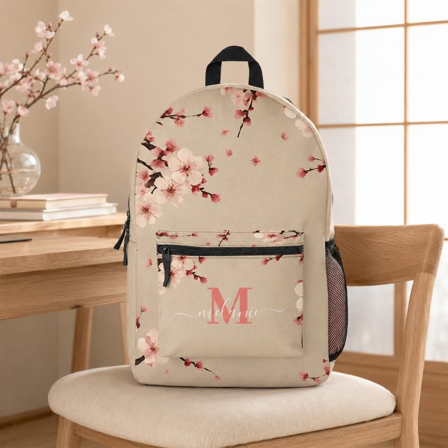 Pink Cherry Blossoms Coral Monogram Name Backpack (Pink Cherry Blossom Custom Monogram Name Printed Backpack)