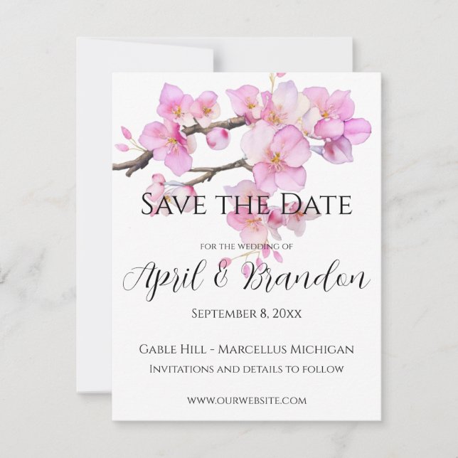 Pink cherry blossoms elegant calligraphy script save the date (Front)