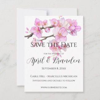 Pink cherry blossoms elegant calligraphy script save the date