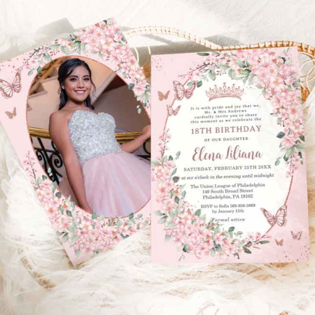 Pink Cherry Blossoms Floral 18th Birthday Photo Invitation (Creator Uploaded)