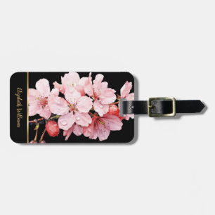 Pink Cherry Blossoms Floral Black Customisable Lug Luggage Tag