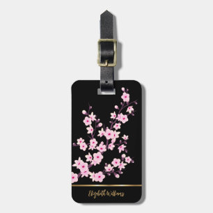 Pink Cherry Blossoms Floral Black Customisable  Luggage Tag