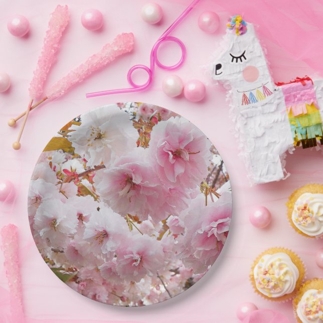 Pink Cherry Blossoms Floral Paper Plate (Party)