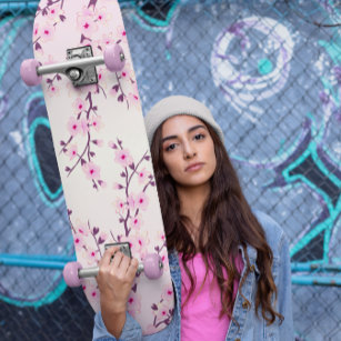 Pink Cherry Blossoms Floral Skateboard