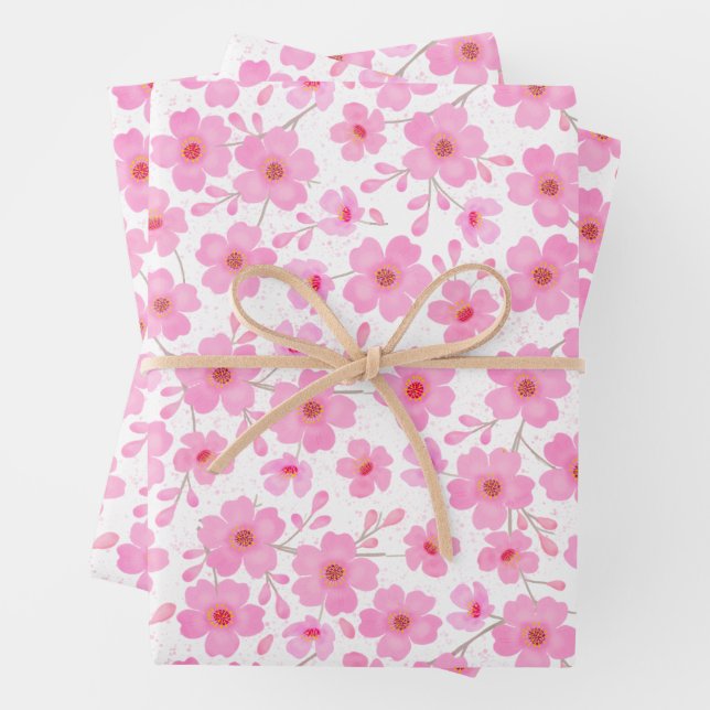 Pink Cherry Blossoms Flowers Watercolor Pattern Wrapping Paper Sheet (In situ)