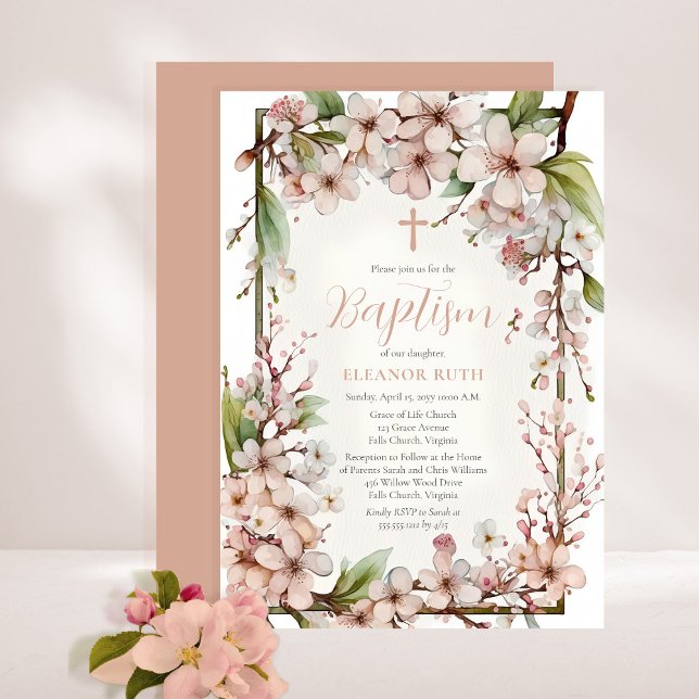 Pink Cherry Blossoms Girl Spring Floral Baptism Invitation (Creator Uploaded)
