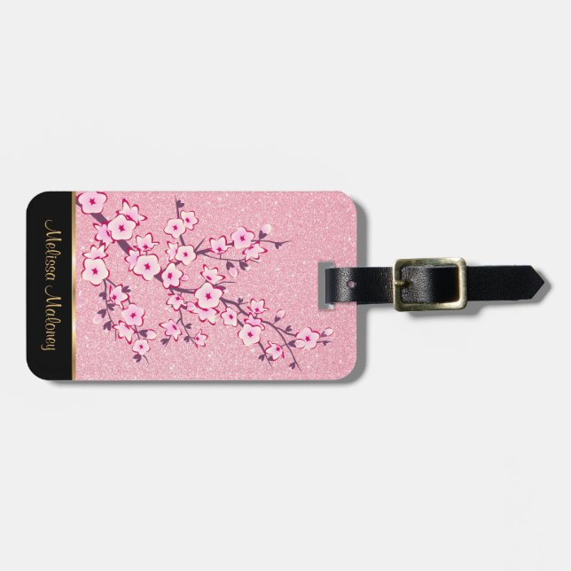 Pink Cherry Blossoms Glitter Luggage Tag (Front Horizontal)