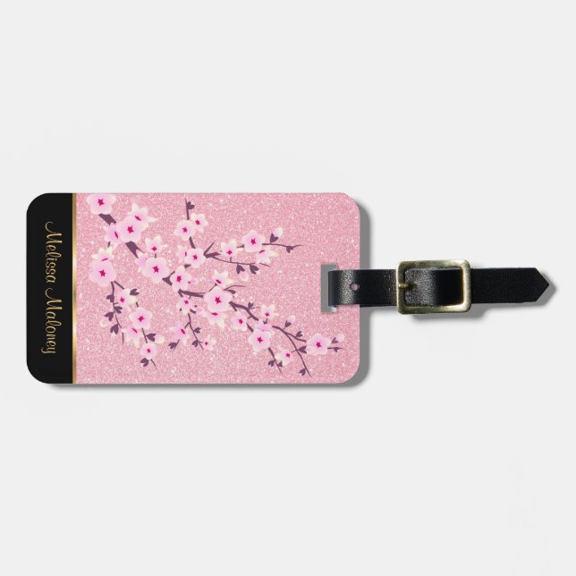 Pink Cherry Blossoms Glitter Luggage Tag (Front Horizontal)