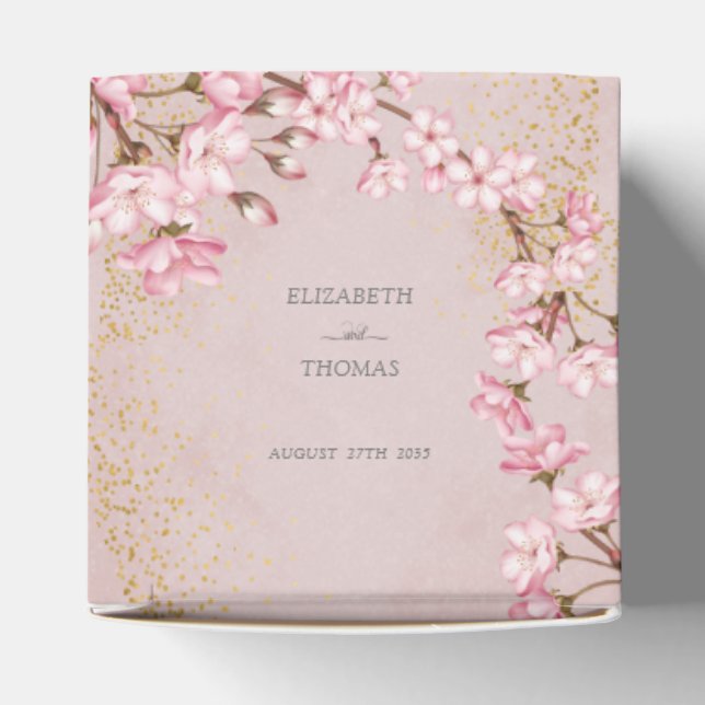 Pink Cherry Blossoms Gold Glitter Wedding Favour B Box (Top)