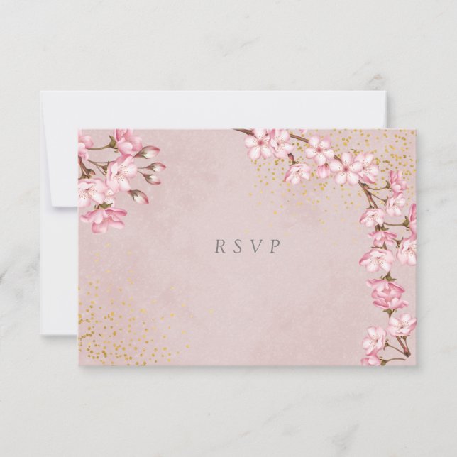 Pink Cherry Blossoms Gold Glitter Wedding  RSVP Card (Front)