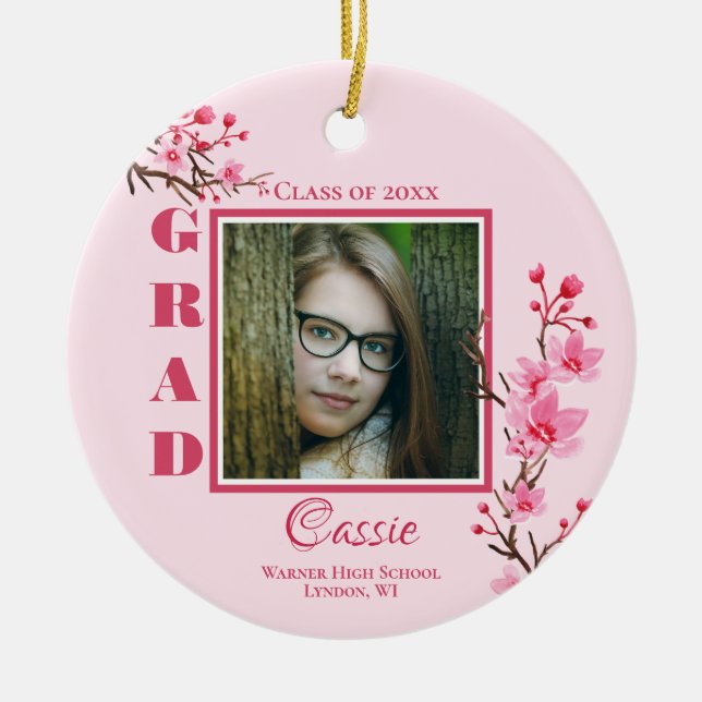 Pink Cherry Blossoms Graduation Commemorative Ceramic Tree Decoration (Front)
