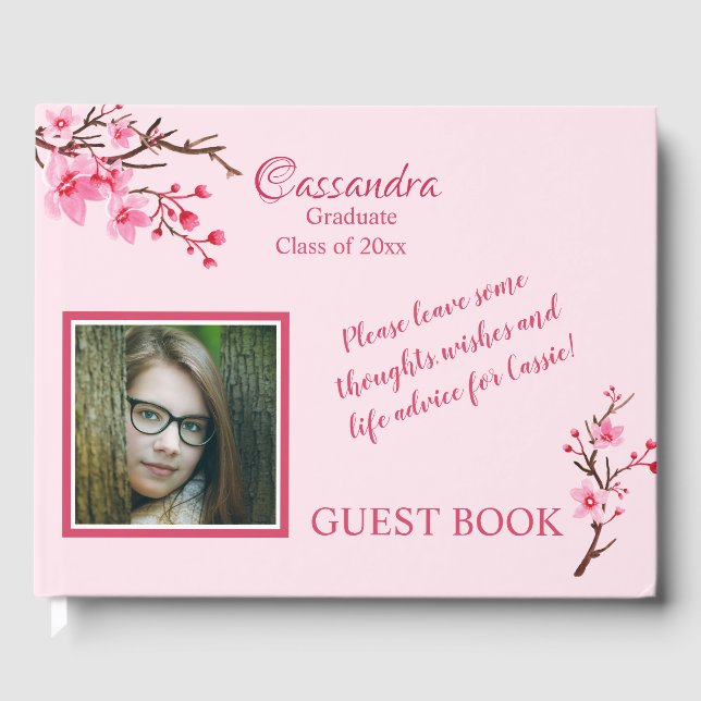 Pink Cherry Blossoms Graduation Guest Book (Front)