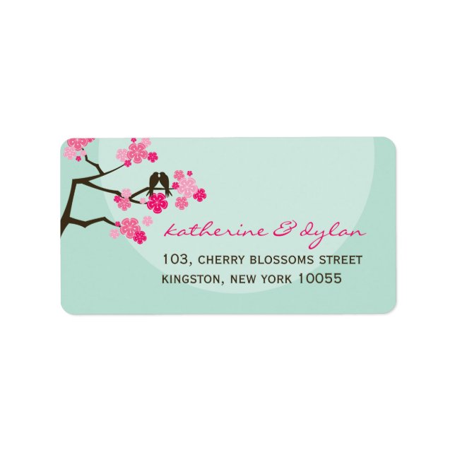 Pink Cherry Blossoms Love Birds Wedding Labels (Front)