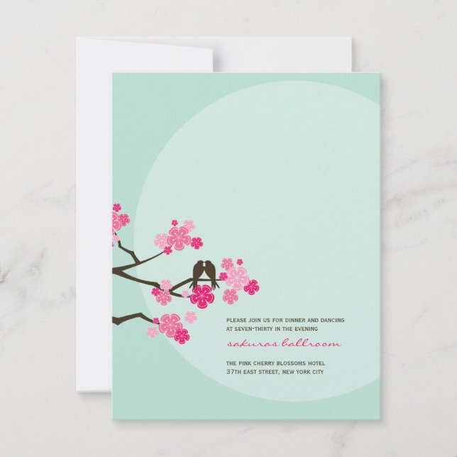Pink Cherry Blossoms Love Birds Wedding Reception Invitation (Front)