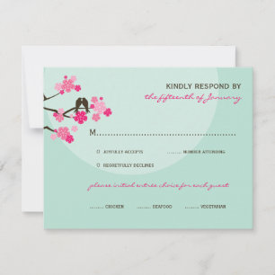 Pink Cherry Blossoms Love Birds Wedding RSVP Card