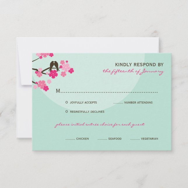 Pink Cherry Blossoms Love Birds Wedding RSVP Card (Front)