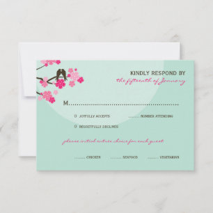 Pink Cherry Blossoms Love Birds Wedding RSVP Card