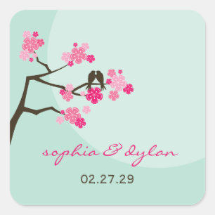 Pink Cherry Blossoms Love Birds Wedding Sticker