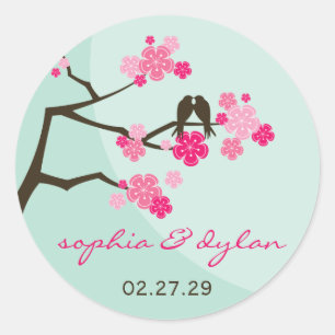 Pink Cherry Blossoms Love Birds Wedding Stickers