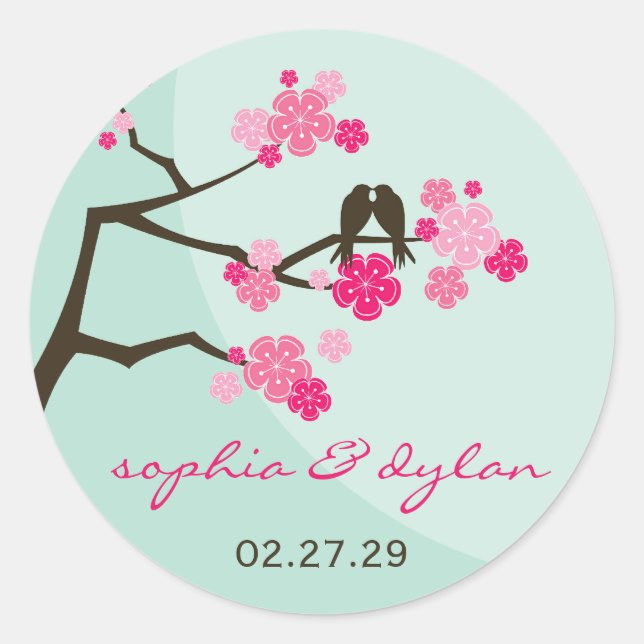 Pink Cherry Blossoms Love Birds Wedding Stickers (Front)