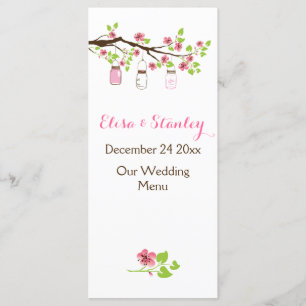 Pink cherry blossoms, mason jars wedding menu card