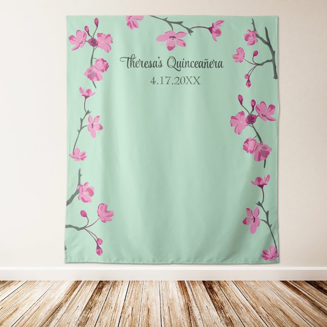 Pink Cherry Blossoms, Mint Green Custom Backdrop Tapestry (Creator Uploaded)